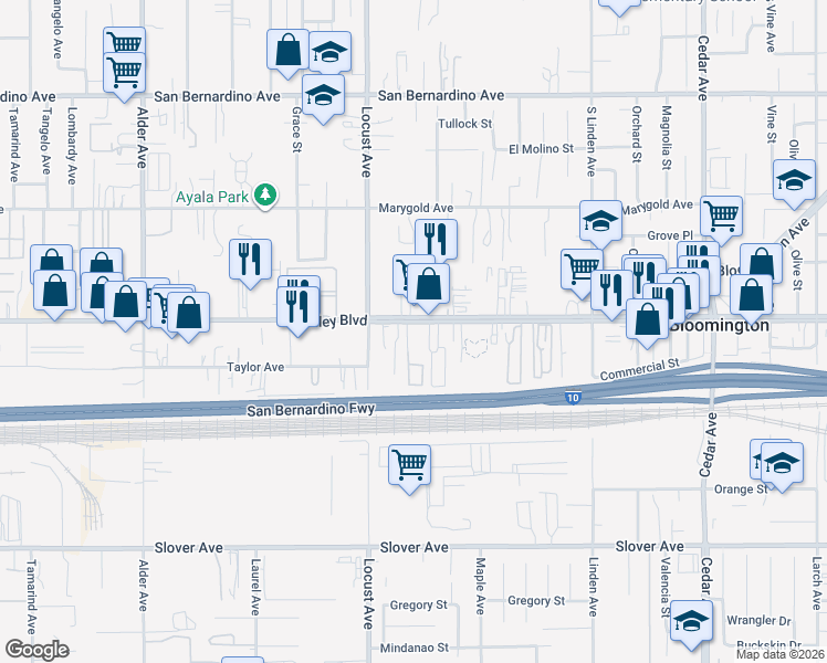 map of restaurants, bars, coffee shops, grocery stores, and more near 18181 Valley Boulevard in Bloomington