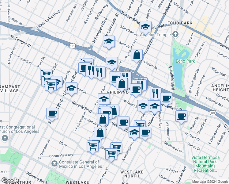 map of restaurants, bars, coffee shops, grocery stores, and more near 2201 West Court Street in Los Angeles