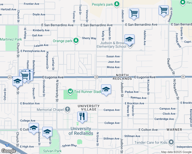 map of restaurants, bars, coffee shops, grocery stores, and more near East Lugonia Avenue in Redlands