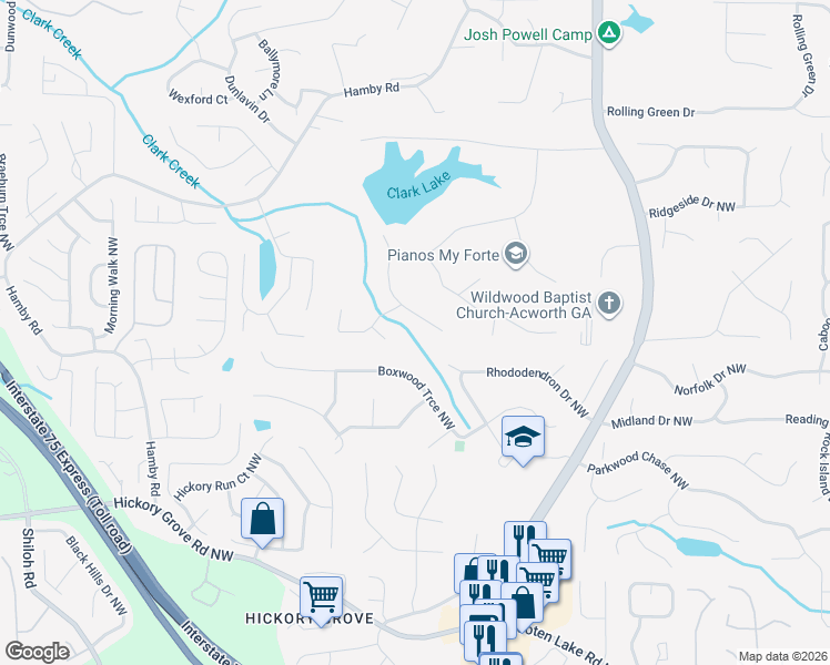 map of restaurants, bars, coffee shops, grocery stores, and more near 4867 Clark Lake Way Northwest in Acworth