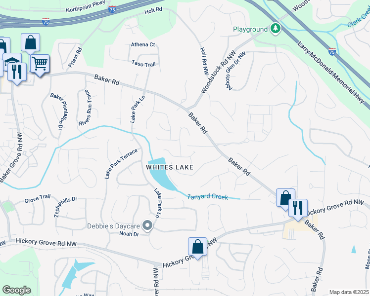 map of restaurants, bars, coffee shops, grocery stores, and more near 4798 Estuary Lane in Acworth
