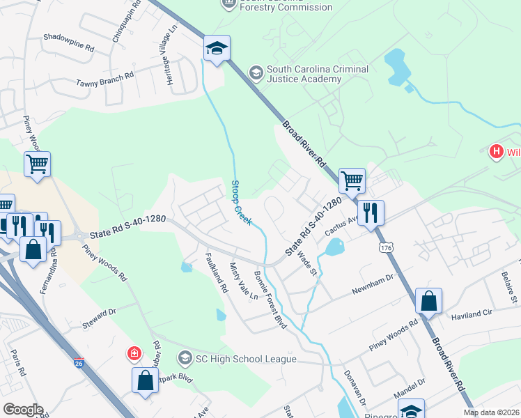 map of restaurants, bars, coffee shops, grocery stores, and more near 209 Wynn Way in Columbia