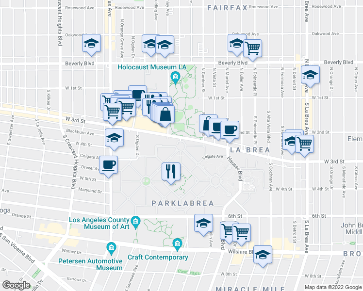 map of restaurants, bars, coffee shops, grocery stores, and more near 338 South Burnside Avenue in Los Angeles