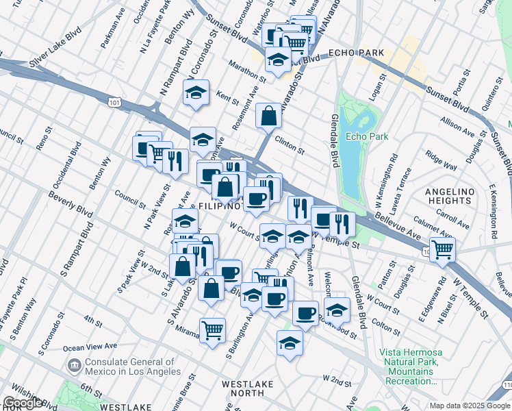 map of restaurants, bars, coffee shops, grocery stores, and more near 405 North Westlake Avenue in Los Angeles