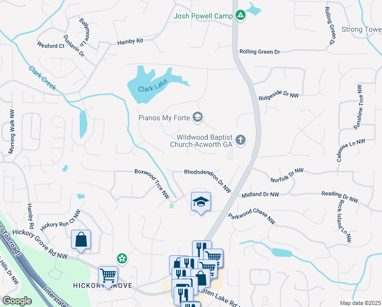 map of restaurants, bars, coffee shops, grocery stores, and more near 4520 Barbara Lane Northwest in Acworth