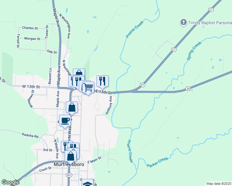 map of restaurants, bars, coffee shops, grocery stores, and more near 416 East 13th Street in Murfreesboro