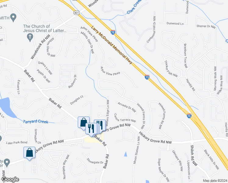map of restaurants, bars, coffee shops, grocery stores, and more near 4647 Howell Farms Drive Northwest in Acworth