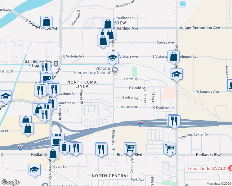 map of restaurants, bars, coffee shops, grocery stores, and more near 1765 Richardson Street in San Bernardino
