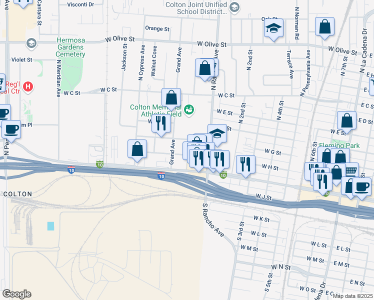 map of restaurants, bars, coffee shops, grocery stores, and more near 868 West H Street in Colton