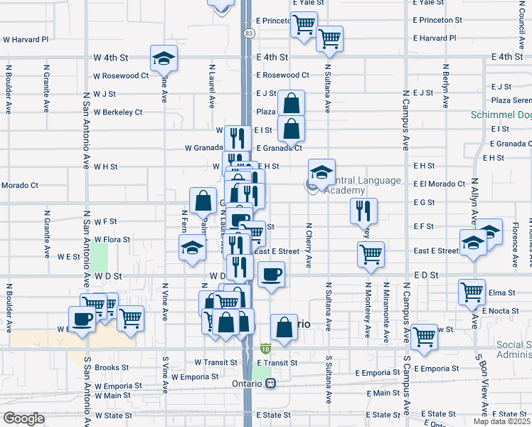 map of restaurants, bars, coffee shops, grocery stores, and more near 203 East F Street in Ontario