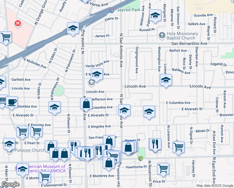 map of restaurants, bars, coffee shops, grocery stores, and more near 754 East Jefferson Avenue in Pomona
