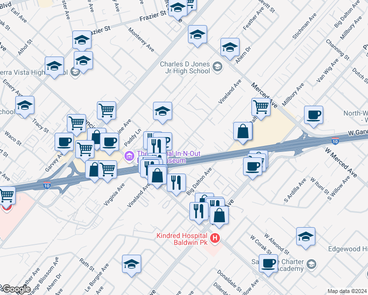 map of restaurants, bars, coffee shops, grocery stores, and more near 3010 Vineland Avenue in Baldwin Park