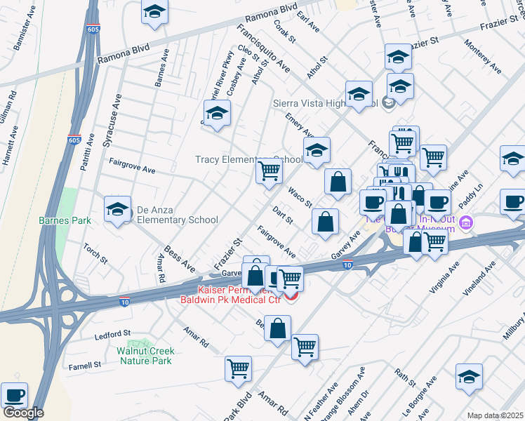 map of restaurants, bars, coffee shops, grocery stores, and more near 3228 Dart Street in Baldwin Park