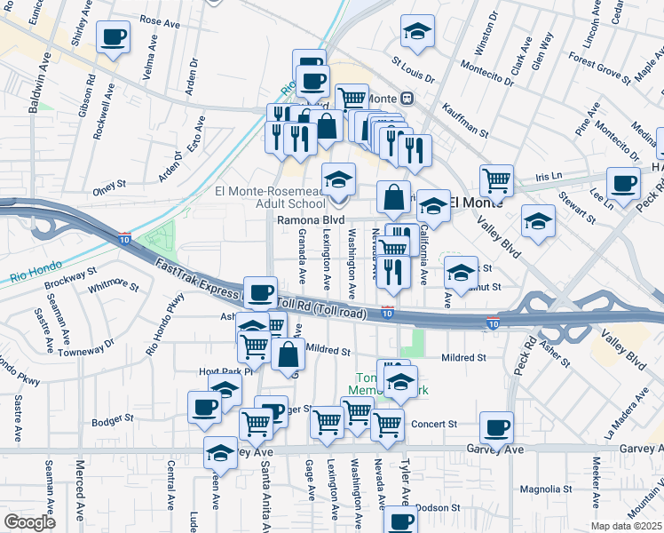 map of restaurants, bars, coffee shops, grocery stores, and more near 3337 Lexington Avenue in El Monte