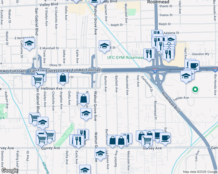 map of restaurants, bars, coffee shops, grocery stores, and more near 3362 Burton Avenue in Rosemead