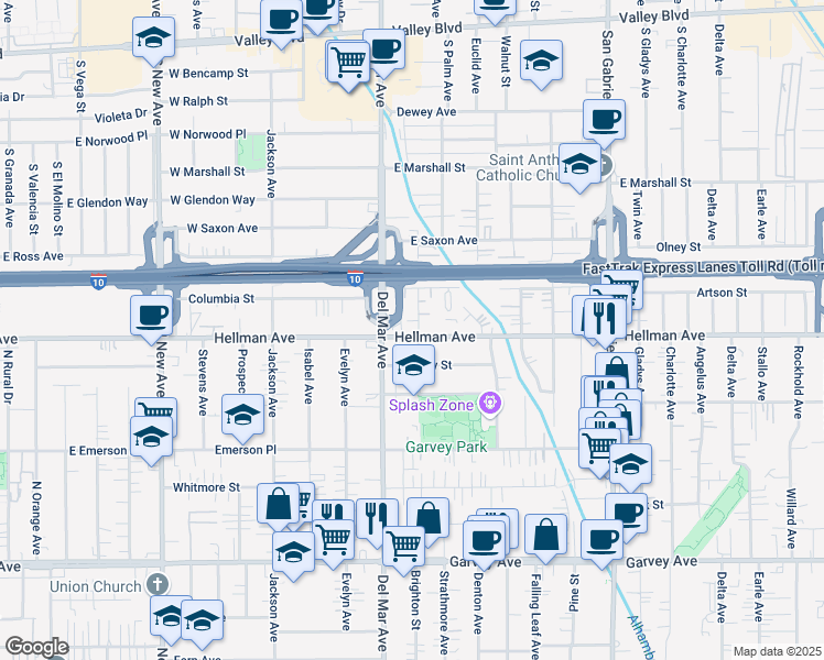 map of restaurants, bars, coffee shops, grocery stores, and more near 3356 Brighton Street in Rosemead