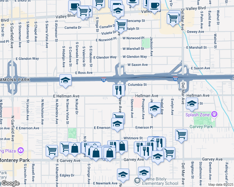 map of restaurants, bars, coffee shops, grocery stores, and more near in Rosemead