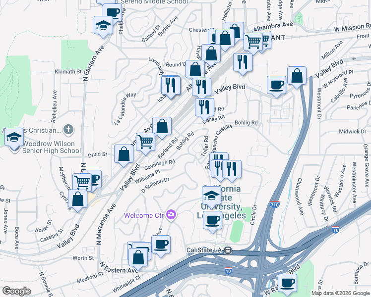 map of restaurants, bars, coffee shops, grocery stores, and more near 5158 Cavanagh Road in Los Angeles