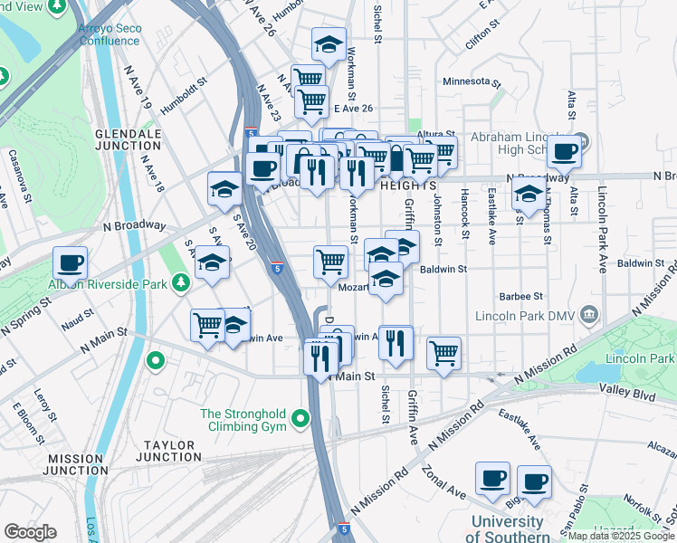 map of restaurants, bars, coffee shops, grocery stores, and more near 2611 Mozart Street in Los Angeles