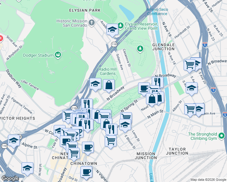 map of restaurants, bars, coffee shops, grocery stores, and more near 1321 1/2 North Broadway in Los Angeles