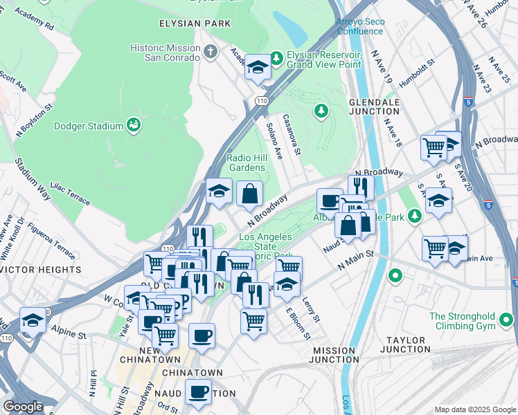 map of restaurants, bars, coffee shops, grocery stores, and more near 1321 1/2 North Broadway in Los Angeles