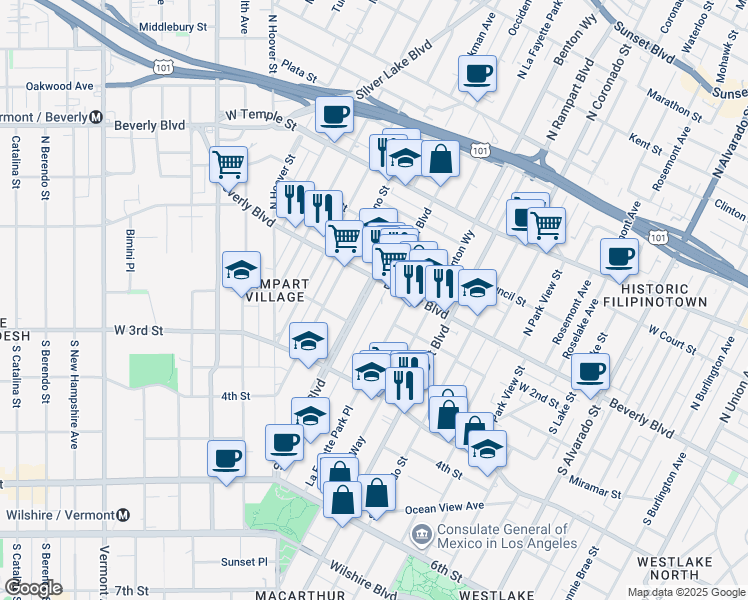 map of restaurants, bars, coffee shops, grocery stores, and more near 133 South La Fayette Park Place in Los Angeles