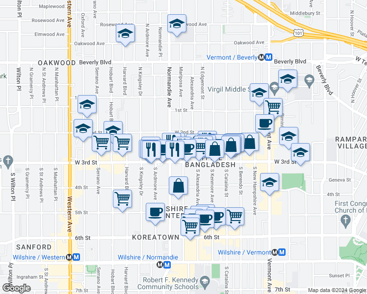 map of restaurants, bars, coffee shops, grocery stores, and more near 260 South Mariposa Avenue in Los Angeles