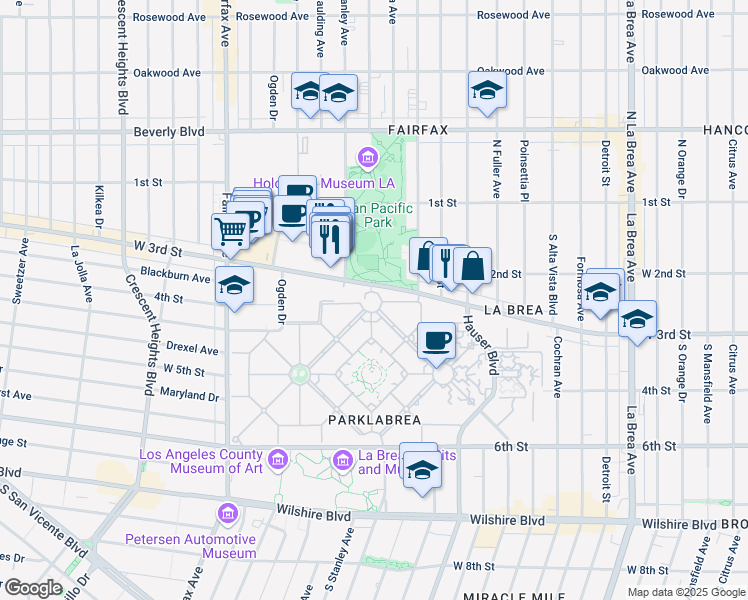 map of restaurants, bars, coffee shops, grocery stores, and more near 338 South Burnside Avenue in Los Angeles
