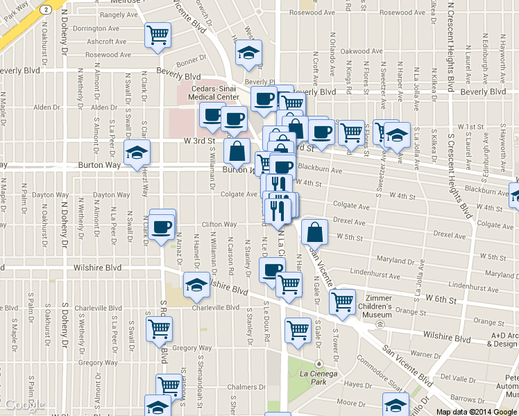 map of restaurants, bars, coffee shops, grocery stores, and more near 166 Le Doux Road in Beverly Hills