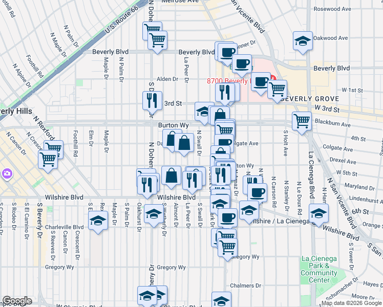 map of restaurants, bars, coffee shops, grocery stores, and more near 207 North Swall Drive in Beverly Hills