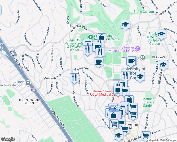 map of restaurants, bars, coffee shops, grocery stores, and more near 442 Landfair Avenue in Los Angeles