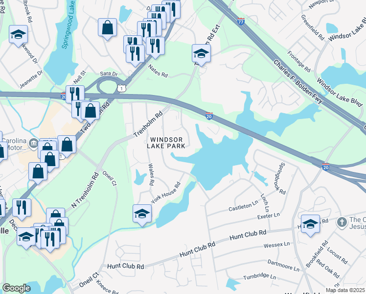 map of restaurants, bars, coffee shops, grocery stores, and more near 120 Windsor Point Road in Columbia