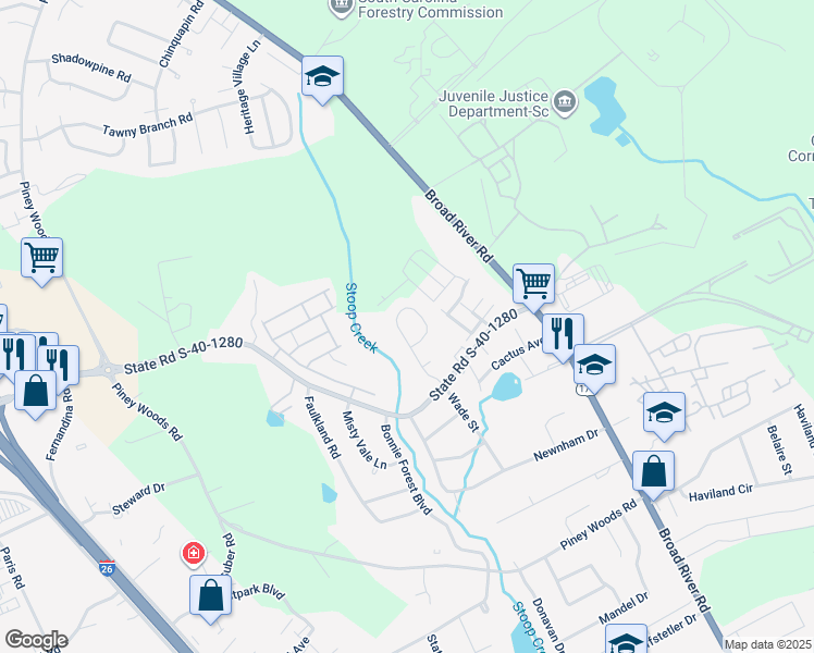 map of restaurants, bars, coffee shops, grocery stores, and more near 271 Wynn Way in Columbia