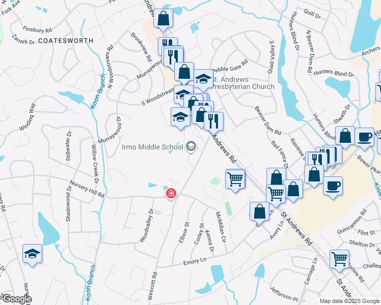 map of restaurants, bars, coffee shops, grocery stores, and more near 6051 Wescott Road in Columbia