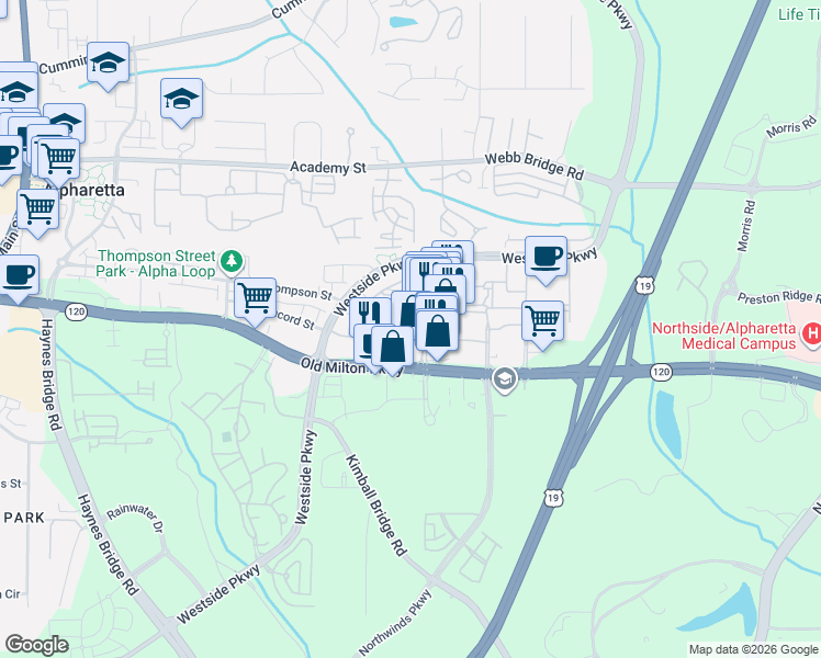 map of restaurants, bars, coffee shops, grocery stores, and more near 2740 Old Milton Parkway in Alpharetta