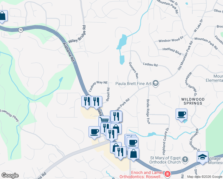 map of restaurants, bars, coffee shops, grocery stores, and more near 4940 Bedell Road in Roswell