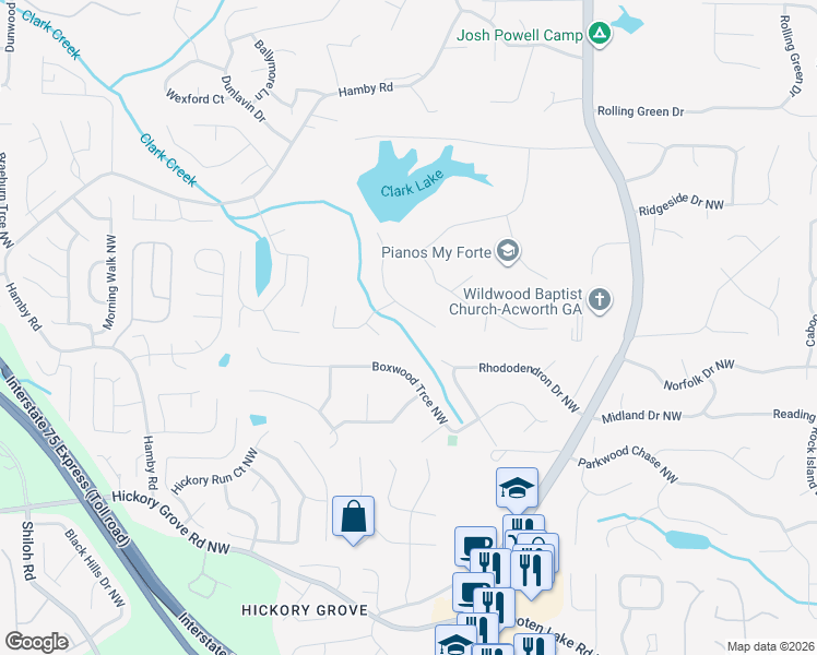 map of restaurants, bars, coffee shops, grocery stores, and more near 4867 Clark Lake Way Northwest in Acworth