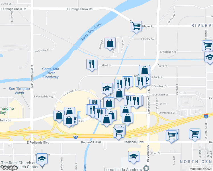 map of restaurants, bars, coffee shops, grocery stores, and more near 862 East Hospitality Lane in San Bernardino
