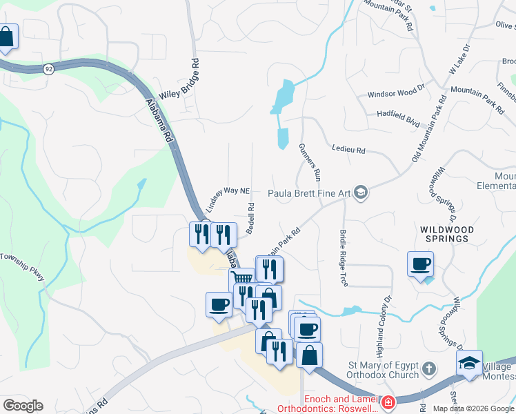 map of restaurants, bars, coffee shops, grocery stores, and more near 4940 Bedell Road in Roswell