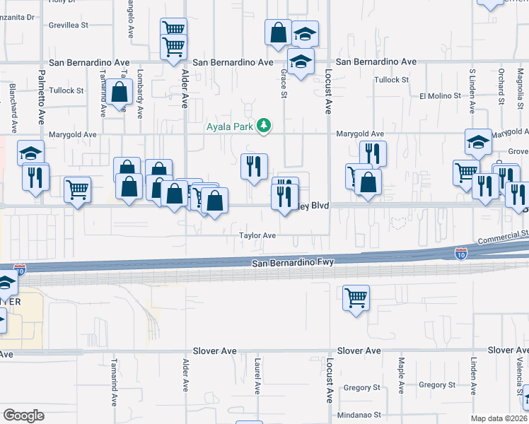 map of restaurants, bars, coffee shops, grocery stores, and more near 17921 Valley Boulevard in Bloomington