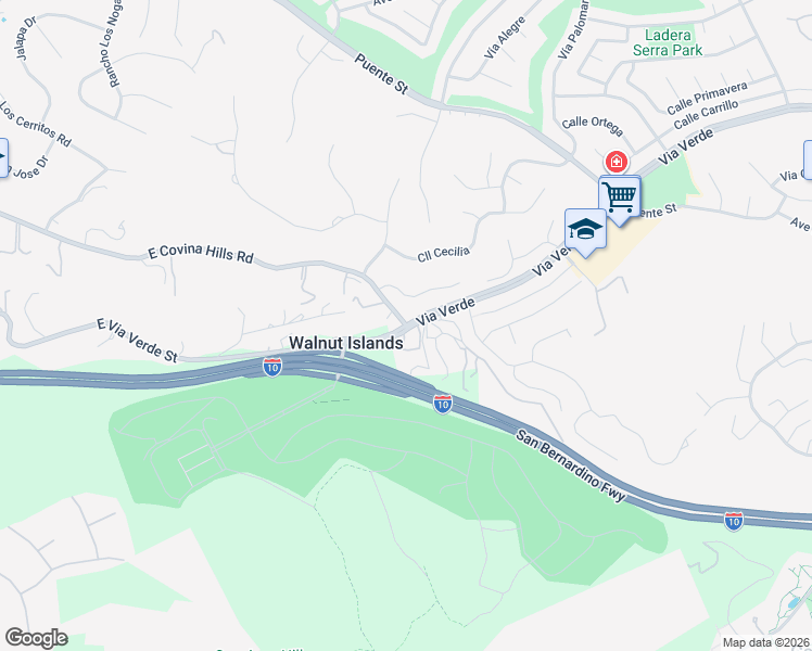 map of restaurants, bars, coffee shops, grocery stores, and more near 21544 East Covina Hills Road in Covina