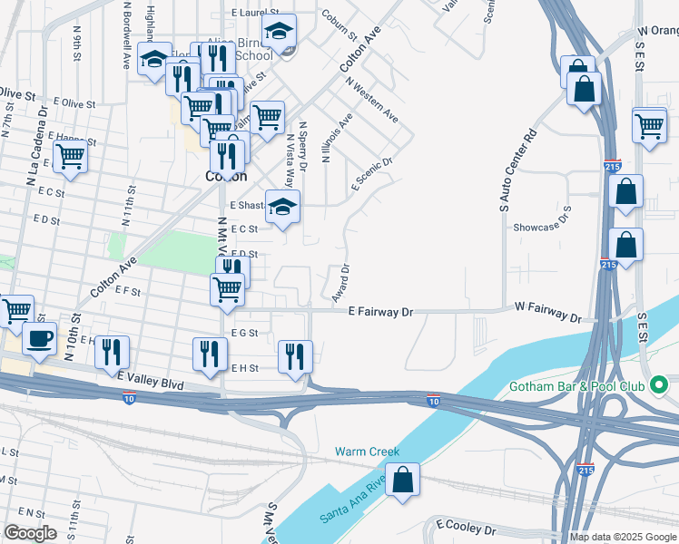map of restaurants, bars, coffee shops, grocery stores, and more near 585 Award Drive in Colton