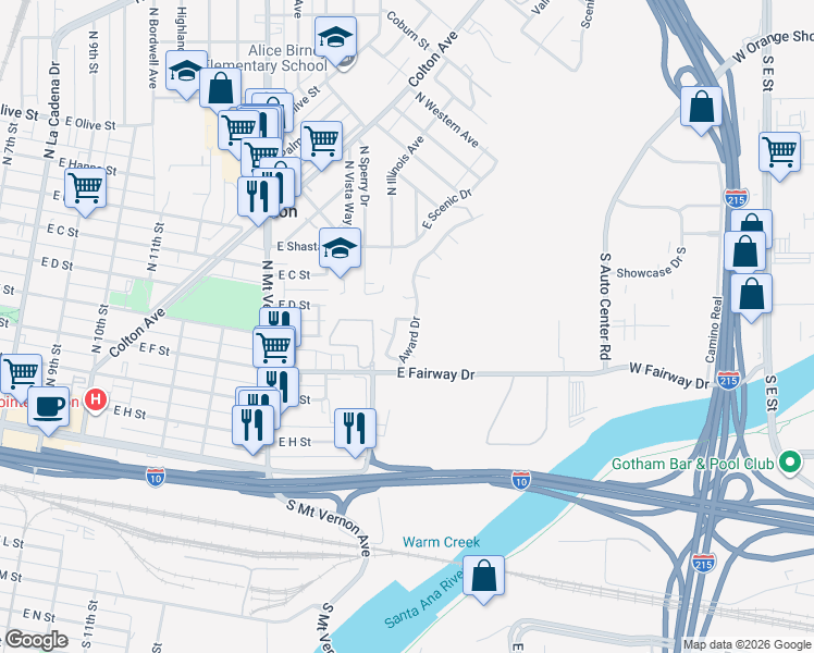 map of restaurants, bars, coffee shops, grocery stores, and more near 585 Award Drive in Colton