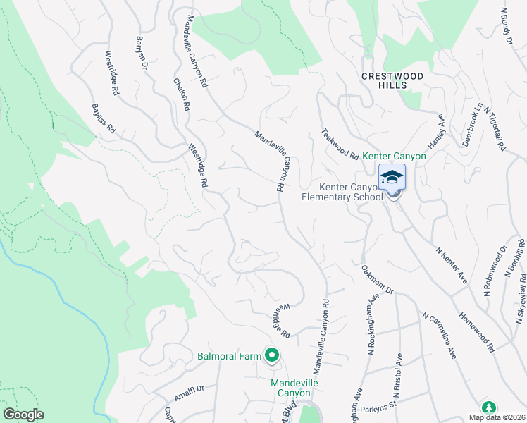 map of restaurants, bars, coffee shops, grocery stores, and more near 1957 Mandeville Canyon Road in Los Angeles