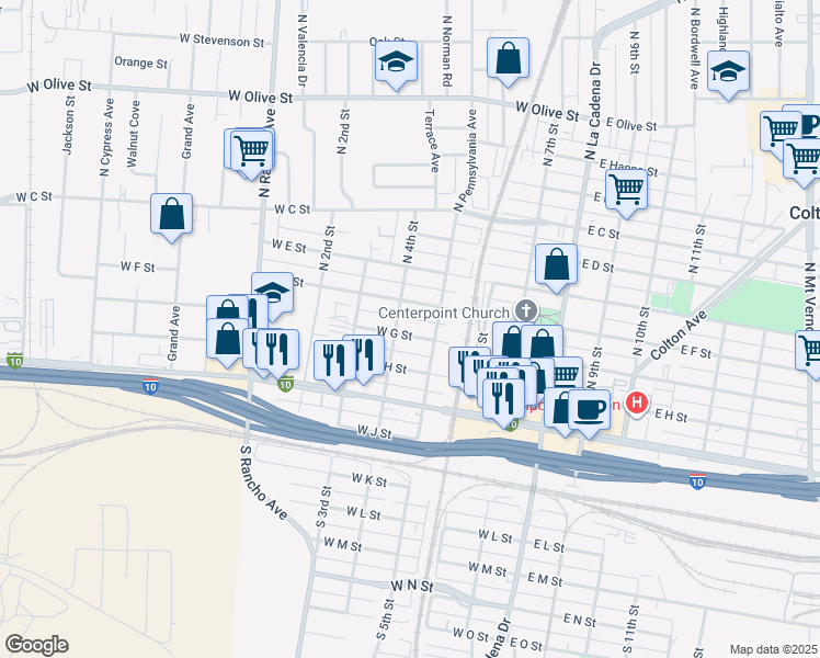 map of restaurants, bars, coffee shops, grocery stores, and more near 467 West G Street in Colton