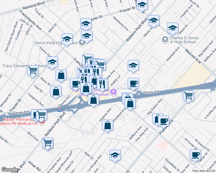 map of restaurants, bars, coffee shops, grocery stores, and more near 3103 Paddy Lane in Baldwin Park