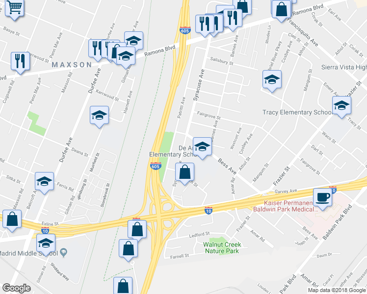 map of restaurants, bars, coffee shops, grocery stores, and more near 3264 Syracuse Avenue in Baldwin Park