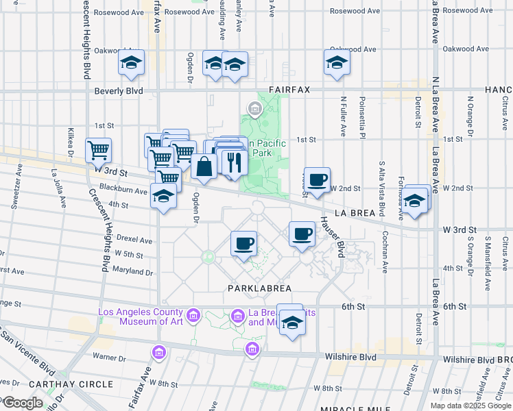 map of restaurants, bars, coffee shops, grocery stores, and more near 6200 West 3rd Street in Los Angeles