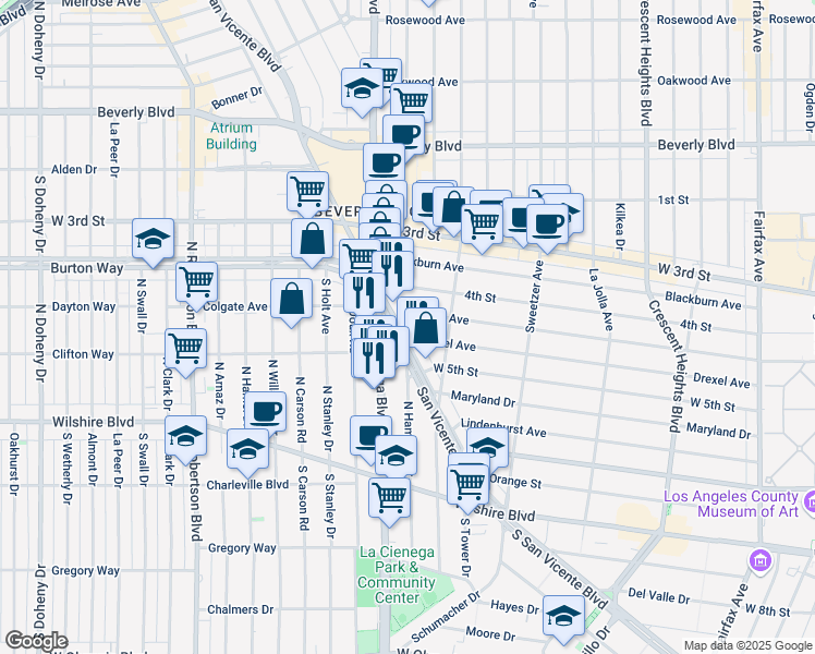 map of restaurants, bars, coffee shops, grocery stores, and more near 444 South San Vicente Boulevard in Los Angeles