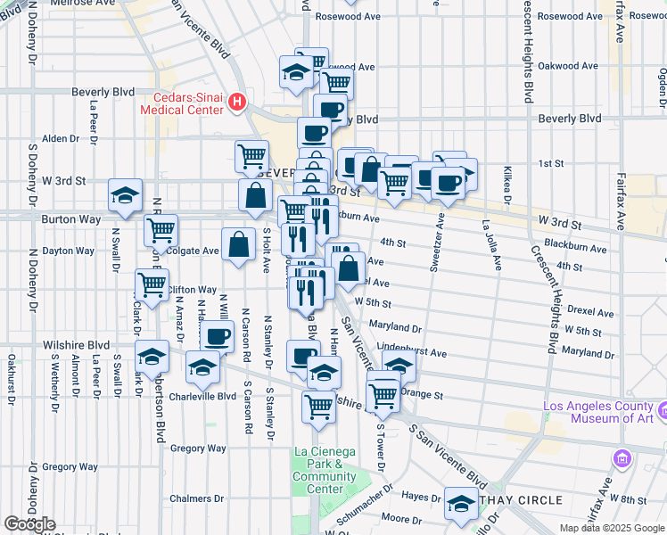 map of restaurants, bars, coffee shops, grocery stores, and more near 444 South San Vicente Boulevard in Los Angeles